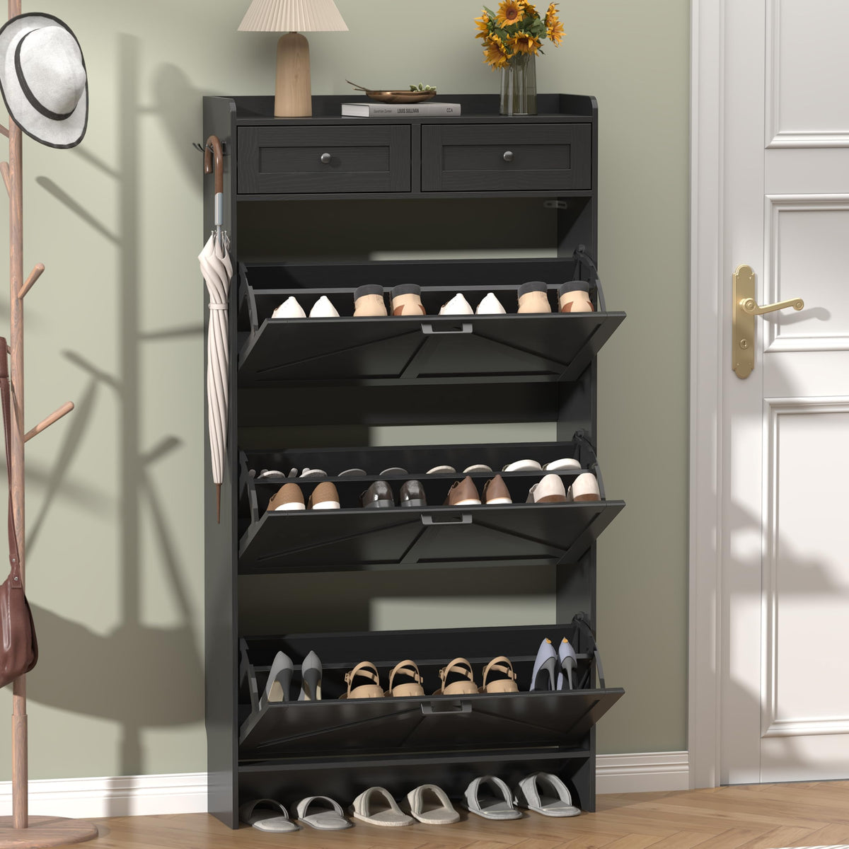 Thacuok Black Shoe Cabinet with 2 Flip Drawers & 2 Storage Drawers, Rustic Farmhouse Narrow Shoe Organizer Cabinet, Slim Shoe Rack Cabinet, Shoe Storage Cabinet for Entryway, Hallway
