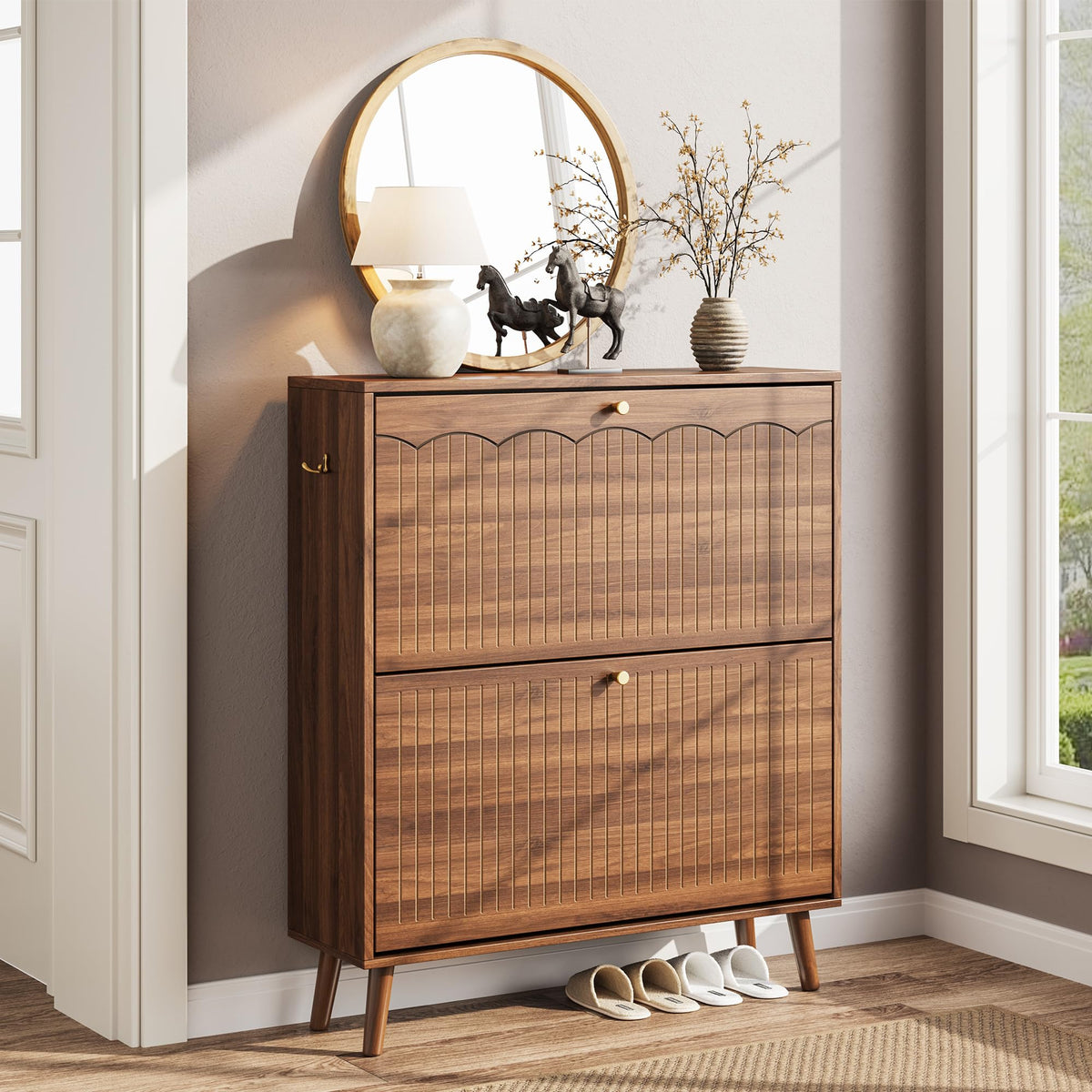 Nicetree Shoe Cabinet, 3 Flip Drawers & Adjustable Shelves, Ultra Slim Freestanding (9.1” Deep), Holds 30 Pairs, Narrow Shoe Storage Cabinet with Anti-Tip Safety, Modern Farmhouse White Walnut