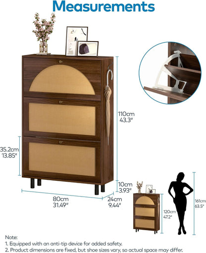 Shoe Cabinet with 3 Flip Drawers, Rattan Slim Narrow Freestanding Hidden