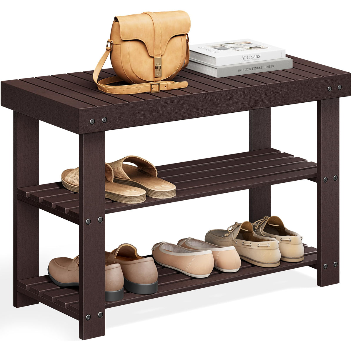 SONGMICS Shoe Rack Bench, 3-Tier Bamboo Entryway Bench, 27.6 Inches Width