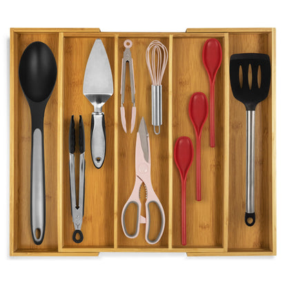 Purawood Bamboo Drawer Organizer - Expandable Silverware Organizer & Utensil Drawer Organizer, Cutlery Tray with Dividers, 7-9 Slots- Kitchen Organizer for Utensils & Flatware (Natural)