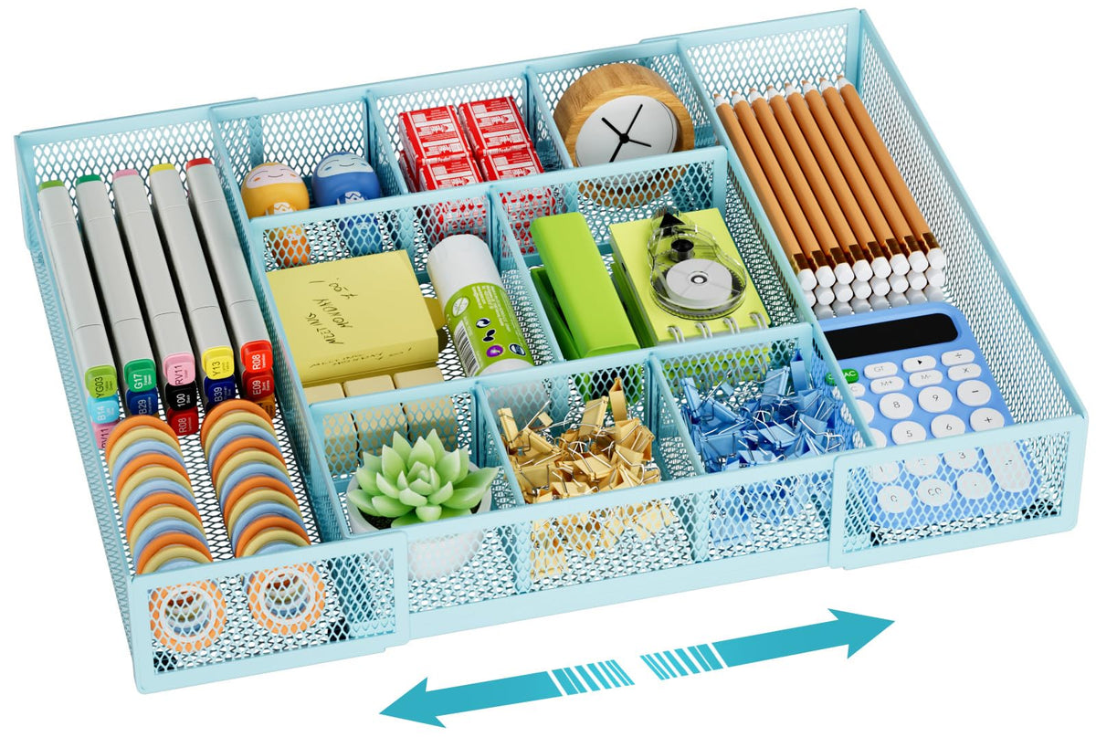 Marbrasse Expandable Desk Drawer Organizer, Mesh Drawer Organizer Tray with 10 Adjustable Compartments, Desk Organizers and Accessories, 5 Dividers Drawer for Office Supplies, Makeup & Vanity (Black)