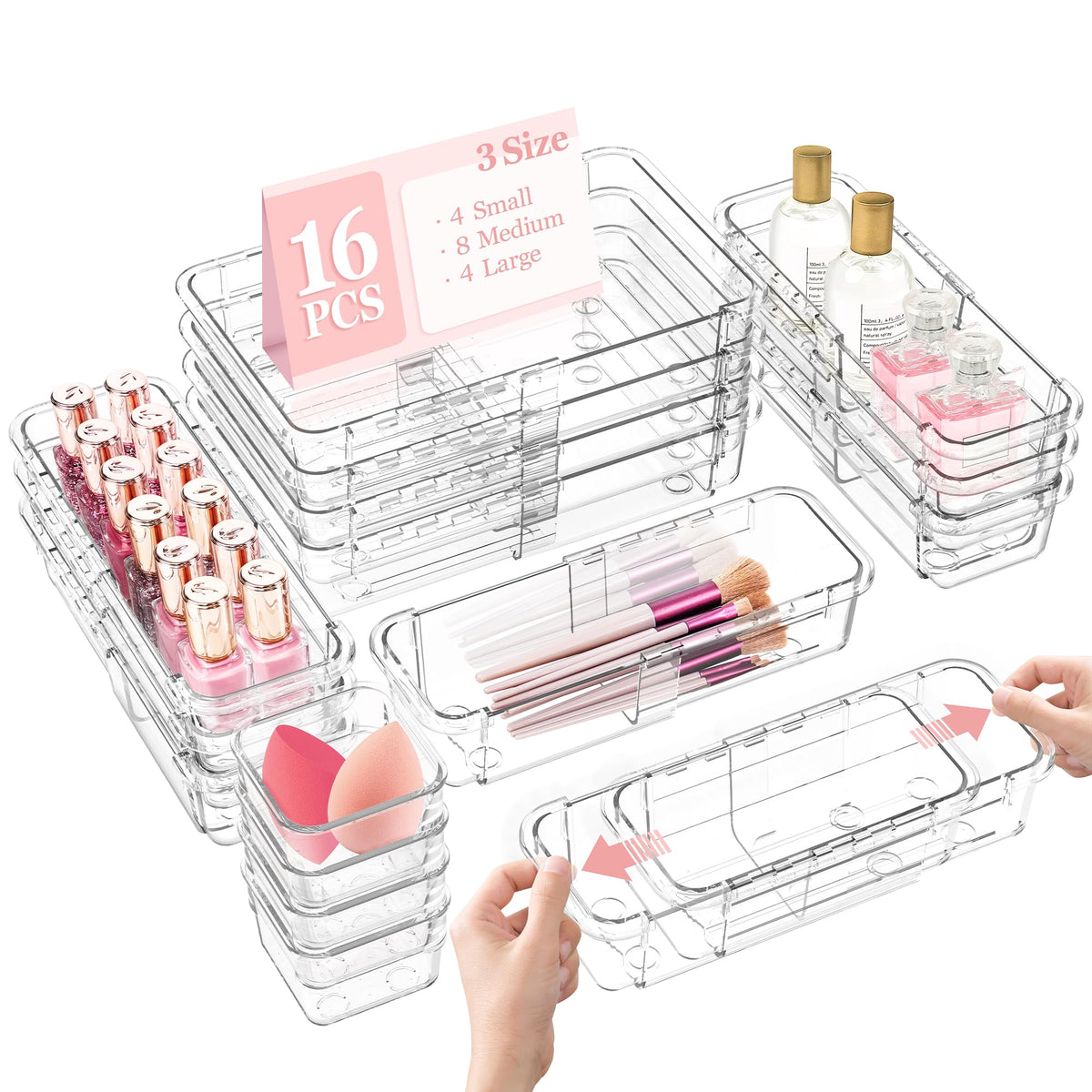 DILIBRA 16 Pcs Clear Extendable Drawer Organizer, Adjustable Drawer Storage