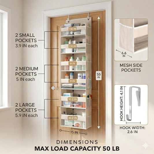 HOMELUX THEORY Over the Door Organizer, 6-Tier, 100D Fabric, Ivory 1pc