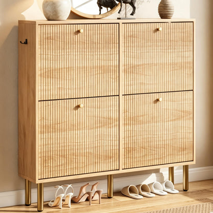 Nicetree Shoe Cabinet, 3 Flip Drawers & Adjustable Shelves, Ultra Slim Freestanding (9.1” Deep), Holds 30 Pairs, Narrow Shoe Storage Cabinet with Anti-Tip Safety, Modern Farmhouse White Walnut