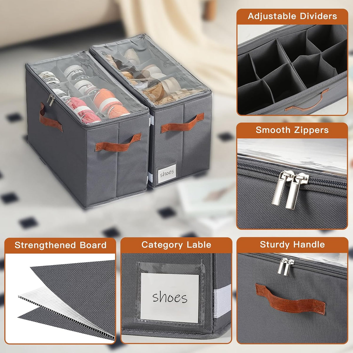 Shoe Organizer for Closet, Fits 16 Pairs, Gray, 2 Pack