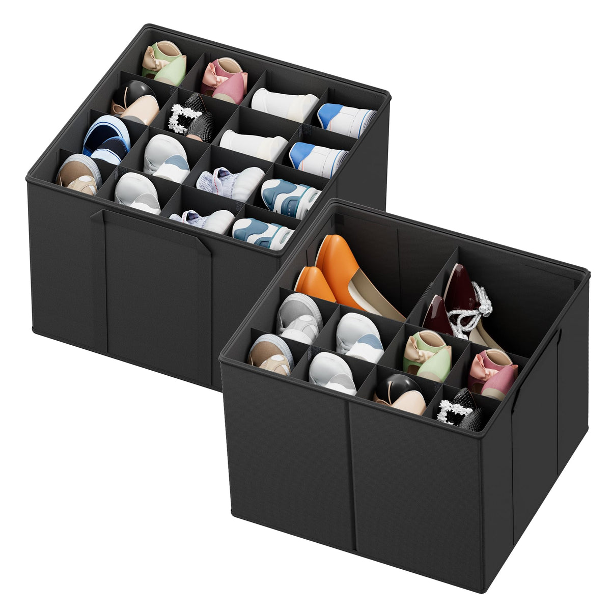 SpaceAid Shoe Organizer for Closet, 2 Pack Foldable Shoe Storage Containers Baskets Boxes Bins w/Adjustable Dividers, Fits 16-32 Pairs, Grey