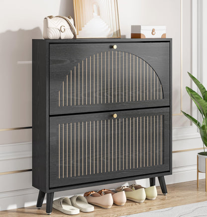 Fsbecl Shoe Storage Cabinet for Entryway with 2 Fluted Flip Drawers, Walnut