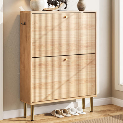 Nicetree Shoe Cabinet, 3 Flip Drawers & Adjustable Shelves, Ultra Slim Freestanding (9.1” Deep), Holds 30 Pairs, Narrow Shoe Storage Cabinet with Anti-Tip Safety, Modern Farmhouse White Walnut