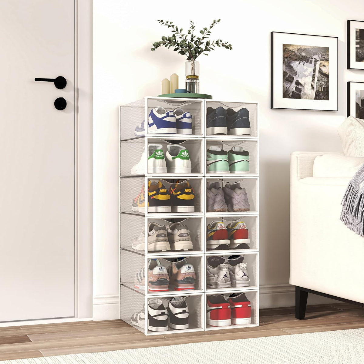Seseno 12 Pack Shoe Storage Bins, Clear Plastic Stackable Shoe Organizer for Closet, Space Saving Foldable Shoe Rack, Shoe Box Sneaker Holder Container