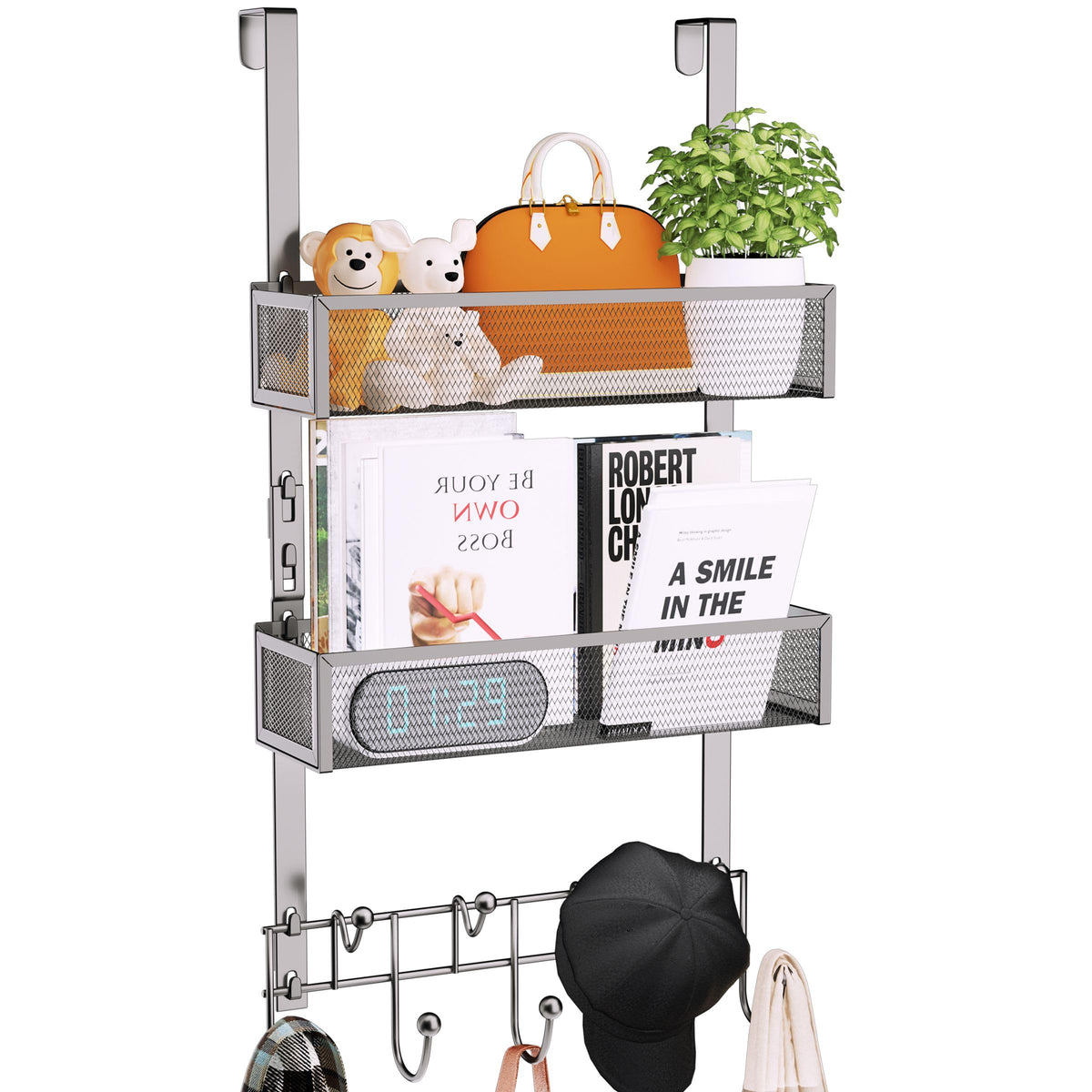 Consumest Over The Door Hooks Organizer - 3 Tier Door Hanger with 9 Coat Hooks & 2 Mesh Basket, Back Storage Organizer Hanging Towels for Bathroom, Bedroom, Black