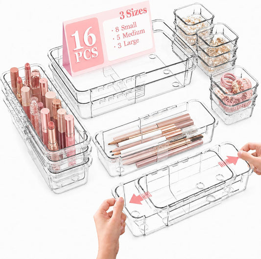 Adjustable Clear Drawer Storage Organizer, 16 Pack 3 Sizes Expandable Plastic Storage Boxes for Kitchen, Bathroom, Vanity, Office, Makeup, Desk and Closet Organization