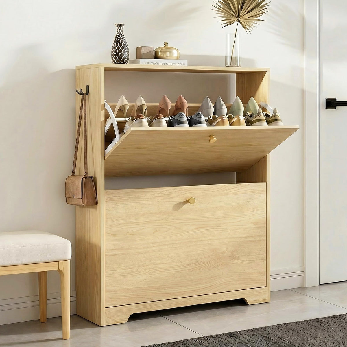 Nicetree Shoe Cabinet with 3 Flip Drawers, Modern Entryway Organizer, White
