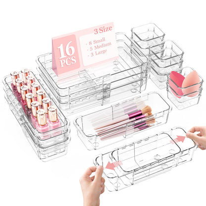 DILIBRA 16 Pcs Clear Extendable Drawer Organizer, Adjustable Drawer Storage