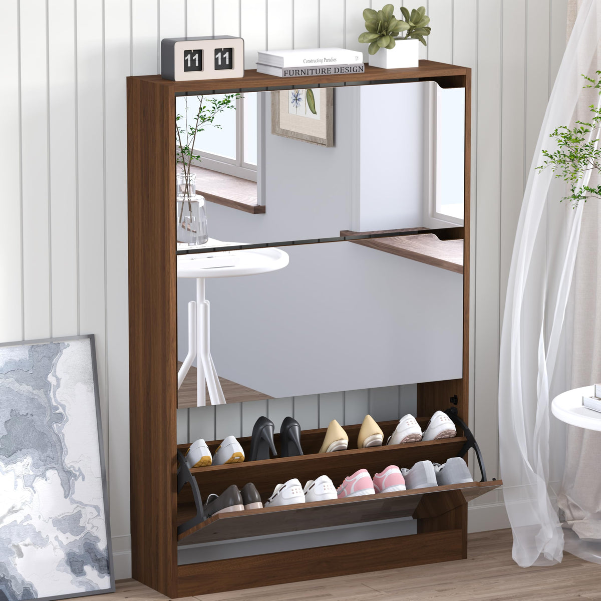 BORNOON Shoe Cabinet with 3 Flip Drawers, Hidden Wood Shoe Cabinet,Freestanding Shoe Storage Cabinet for Entryway Hallway.White. 47.2" H*31.5" W*9.45" D.
