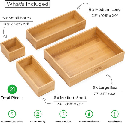 Grow Forward Bamboo Drawer Organizer Boxes - Set of 21 Wooden Drawer Organizers for Kitchen, Bathroom, Office, Desk, Vanity, Makeup - Non-Slip Junk Drawer Organizer Trays for Storage and Organization