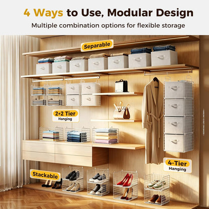 4 Tier Hanging Closet Organizer with 4 Drawers, White