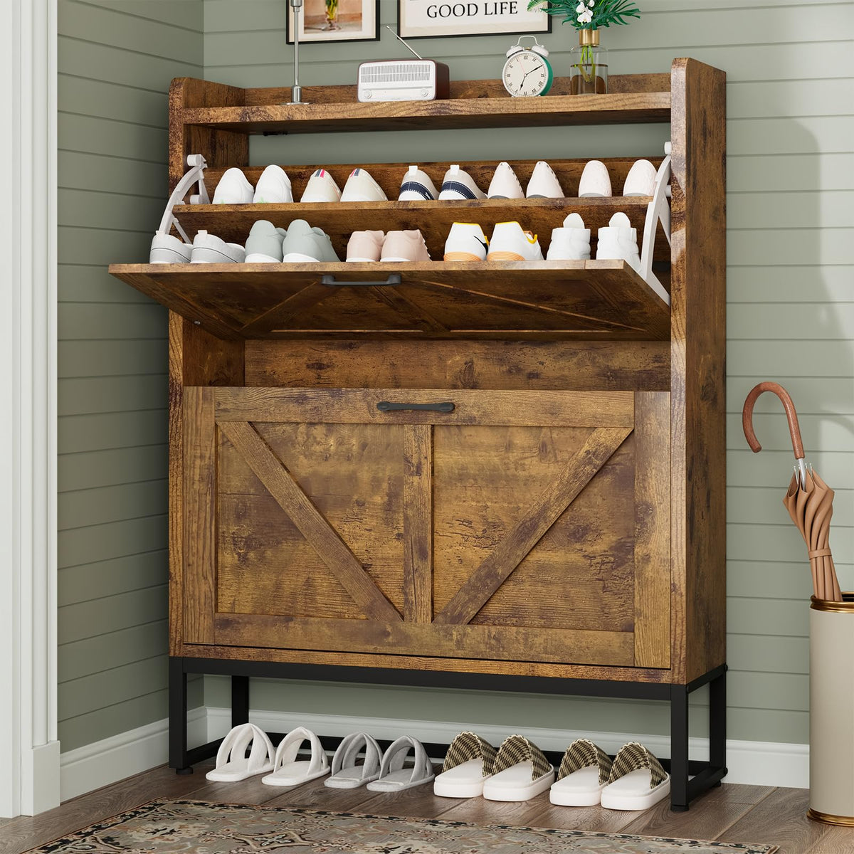 GRUSIGN Shoe Cabinet, Shoe Storage Cabinet with 2 Flip Drawers & Adjustable Shelf, Space-Saving Shoe Organizer – Holds 16+ Pairs, Narrow Shoe Cabinet Storage for Entryway/Hallway（White）