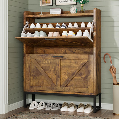 GRUSIGN Shoe Cabinet, Shoe Storage Cabinet with 2 Flip Drawers & Adjustable Shelf, Space-Saving Shoe Organizer – Holds 16+ Pairs, Narrow Shoe Cabinet Storage for Entryway/Hallway（White）
