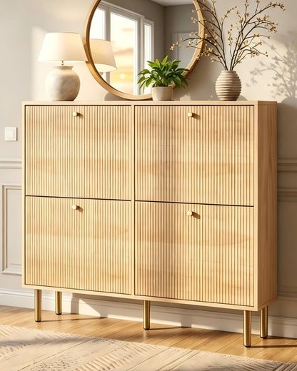 Nicetree Shoe Cabinet, 3 Flip Drawers & Adjustable Shelves, Ultra Slim Freestanding (9.1” Deep), Holds 30 Pairs, Narrow Shoe Storage Cabinet with Anti-Tip Safety, Modern Farmhouse White Walnut