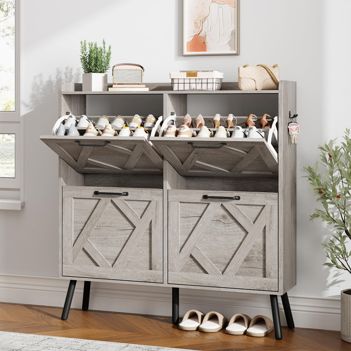 Nicetree Shoe Storage Cabinet with 2 Flip Drawers, Freestanding Wood Shoe Organizer with Metal Legs, Farmhouse Slim Shoe Rack for Entryway, Foyer, Hallway, Rustic Brown