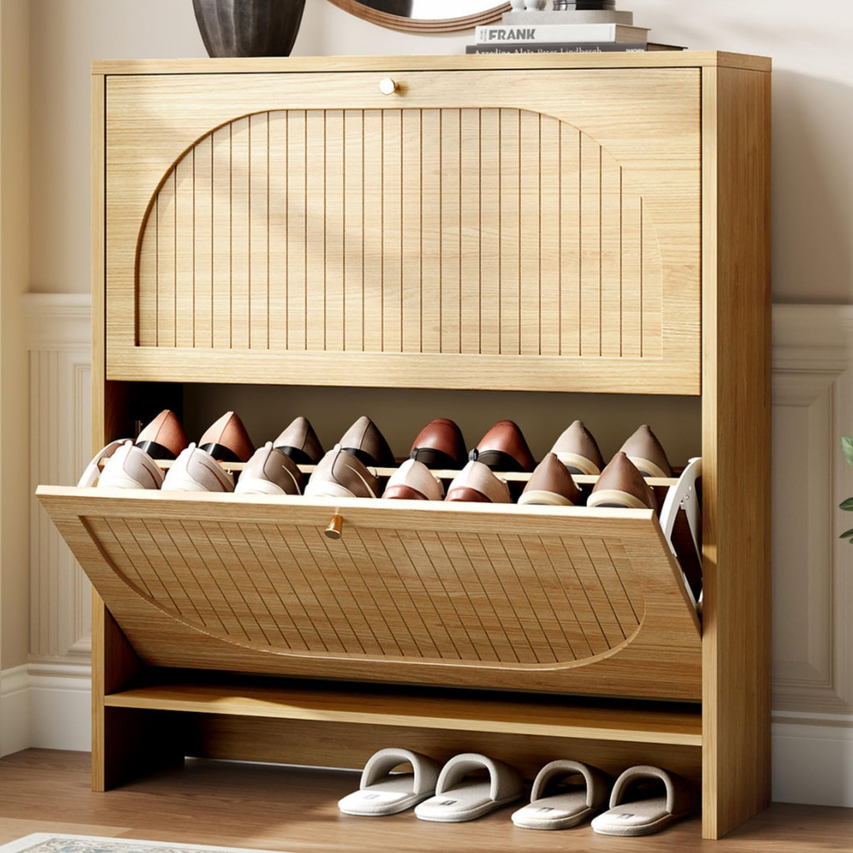 Nicetree Shoe Cabinet, 3 Flip Drawers & Adjustable Shelves, Ultra Slim Freestanding (9.1” Deep), Holds 30 Pairs, Narrow Shoe Storage Cabinet with Anti-Tip Safety, Modern Farmhouse White Walnut