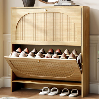 Nicetree Shoe Cabinet, 3 Flip Drawers & Adjustable Shelves, Ultra Slim Freestanding (9.1” Deep), Holds 30 Pairs, Narrow Shoe Storage Cabinet with Anti-Tip Safety, Modern Farmhouse White Walnut