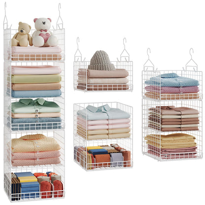 Yuyetuyo 5 Tier Closet Hanging Organizer and Storage Separable Hanging Closet Shelves with 4 Hooks 2 Adjustable Dividers, Wire Storage Basket Bins for Clothing Sweaters Socks Dolls Handbags, Foldable