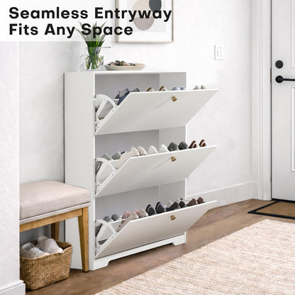 Nicetree Shoe Cabinet with 3 Flip Drawers, Modern Entryway Organizer, White