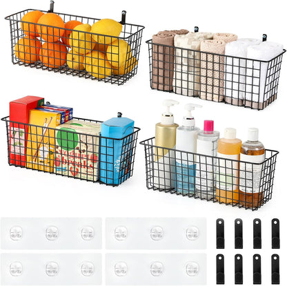 4 Set [EXTRA LARGE] Hanging Wall Mount Storage Baskets with Adhesive Hooks & Steel Hooks, Multiuse Sturdy Wire Metal Organizing Baskets for Home Kitchen Bathroom Pantry Utility Organizer, Black