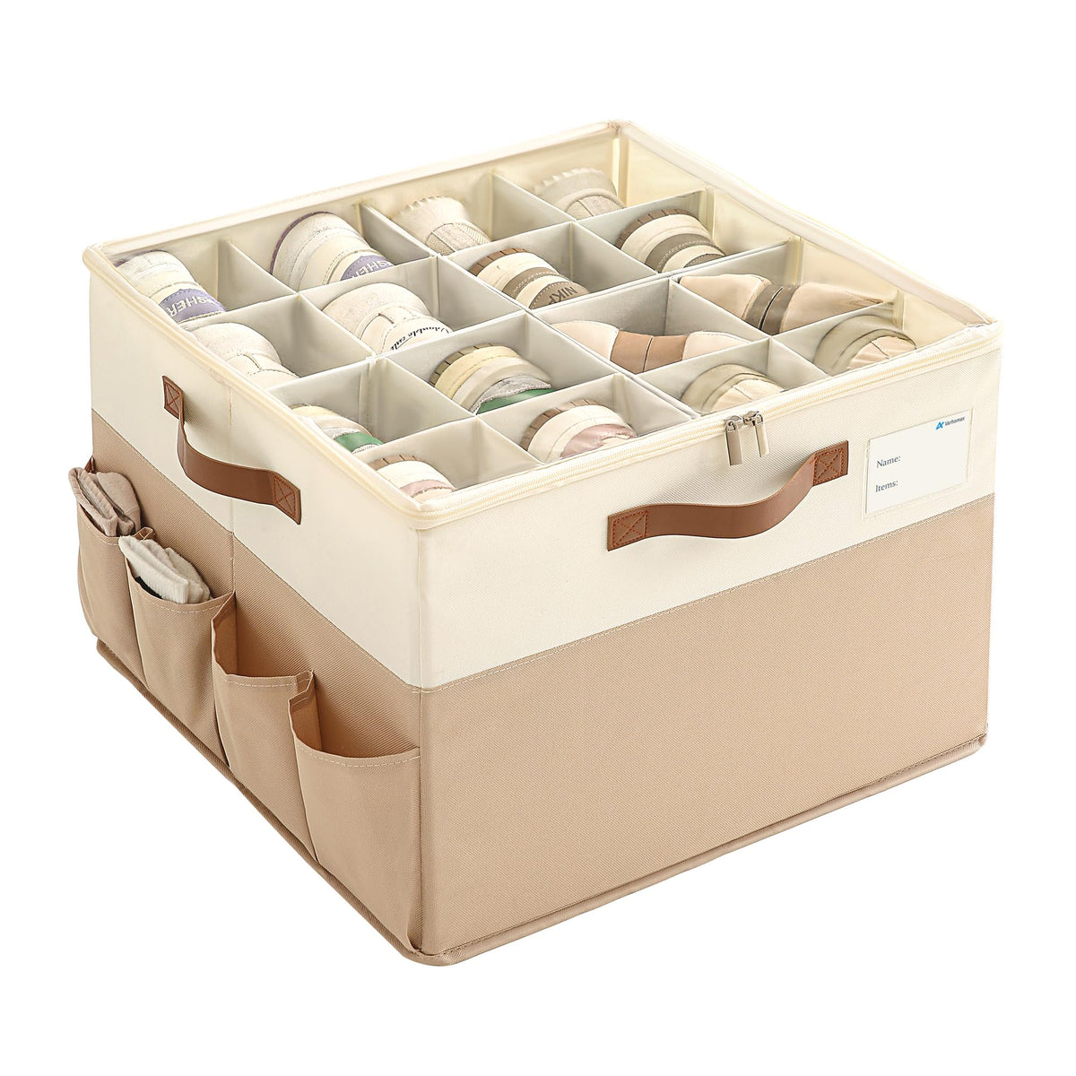 Varhomax Shoe Organizer Box for Closet, Small Fabric Shoe Storage Bin with Adjustable Dividers & Clear Cover, Saving Space Sneakers & Sandals Containers for Entryway, Cubby