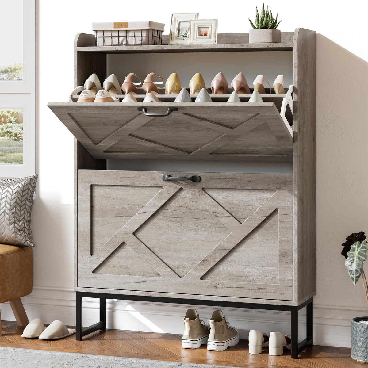 Nicetree Shoe Storage Cabinet with 2 Flip Drawers, Freestanding Wood Shoe Organizer with Metal Legs, Farmhouse Slim Shoe Rack for Entryway, Foyer, Hallway, Rustic Brown