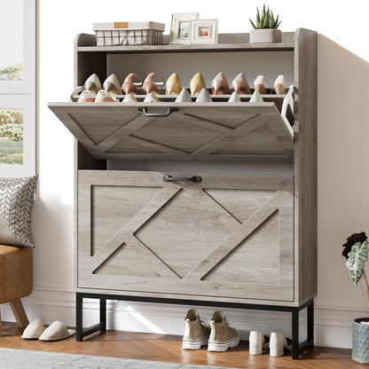 Nicetree Shoe Storage Cabinet with 2 Flip Drawers, Freestanding Wood Shoe Organizer with Metal Legs, Farmhouse Slim Shoe Rack for Entryway, Foyer, Hallway, Rustic Brown