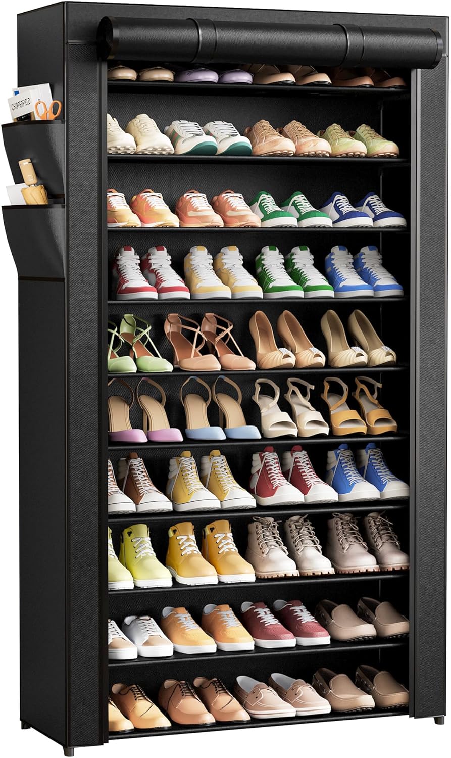 Kitsure 10-Tier Shoe Rack with Cover, Tall Shoe Shelf, 33" Wide, Black