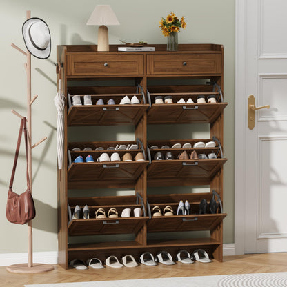 Thacuok Black Shoe Cabinet with 2 Flip Drawers & 2 Storage Drawers, Rustic Farmhouse Narrow Shoe Organizer Cabinet, Slim Shoe Rack Cabinet, Shoe Storage Cabinet for Entryway, Hallway