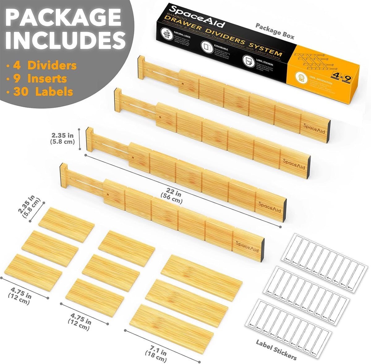 SpaceAid Bamboo Drawer Dividers with Inserts and Labels, Kitchen Adjustable Drawer Organizers, Expandable Organization for Home, Office, Dressers, 4 Dividers with 9 Inserts (17"-22" Natural)
