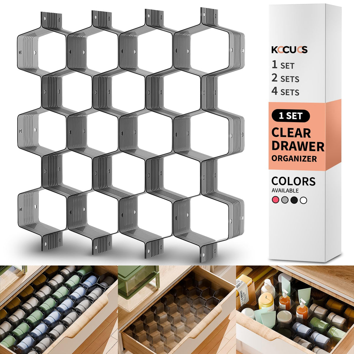 Honeycomb Separator Adjustable Drawer Organizer Divider for Underwear Belt-Scarf Socks Organizer (White(2pcs))