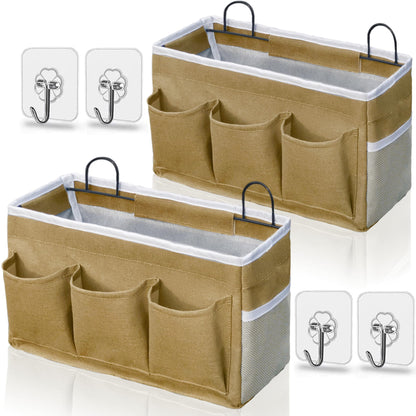 Kanrichu Wall Hanging Organizer Bag, 2-Pack Linen Storage Baskets with Pockets, WallHanging Storage Basket for Bedroom, Kitchen, Office, RV Camper (Gray)