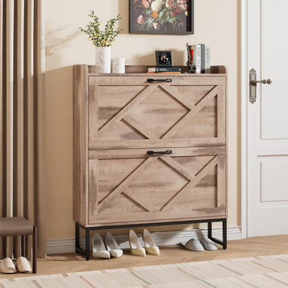 Nicetree Shoe Storage Cabinet with 2 Flip Drawers, Freestanding Wood Shoe Organizer with Metal Legs, Farmhouse Slim Shoe Rack for Entryway, Foyer, Hallway, Rustic Brown