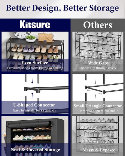 Kitsure 10-Tier Shoe Rack with Cover, Tall Shoe Shelf, 33" Wide, Black
