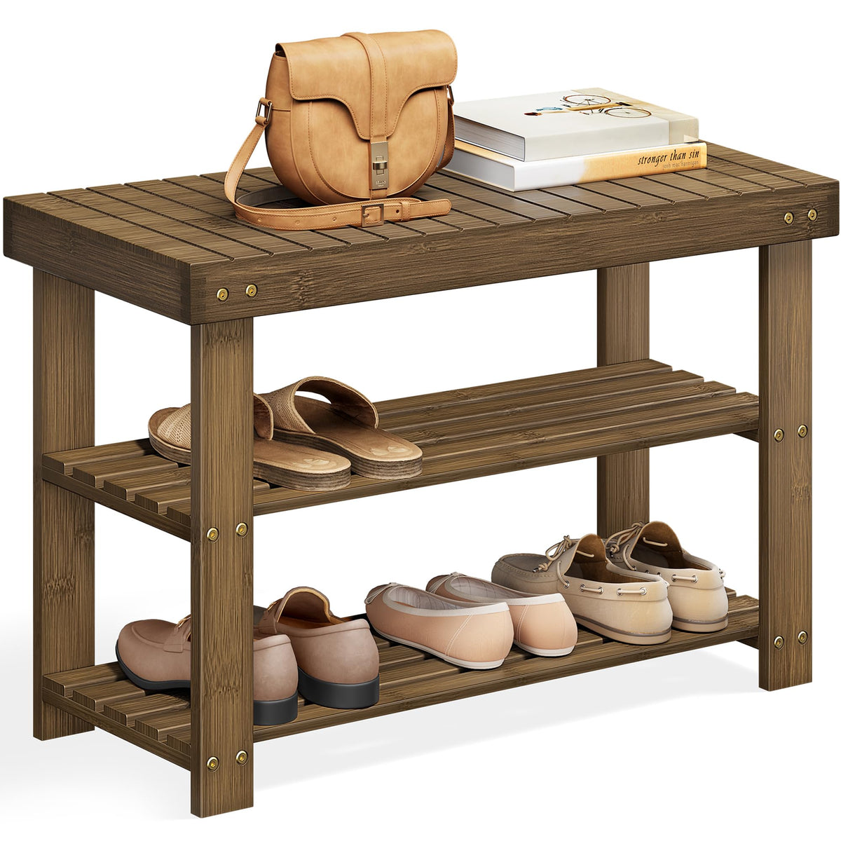 SONGMICS Shoe Rack Bench, 3-Tier Bamboo Entryway Bench, 27.6 Inches Width