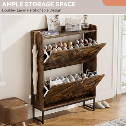 Nicetree Shoe Storage Cabinet with 2 Flip Drawers, Freestanding Wood Shoe Organizer with Metal Legs, Farmhouse Slim Shoe Rack for Entryway, Foyer, Hallway, Rustic Brown