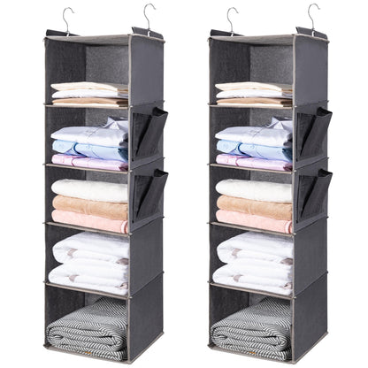BOOMIBOO Hanging Closet Organize and Shelves，5-Hanging Shelf with 2 Side Pockets，Storage Foldable （Grey）