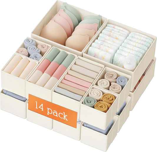 Criusia Drawer Organizer Clothes, 14 Pack Dresser Organizer for Baby Clothes, Underwear, Sock- Foldable Closet Organization and Storage Dividers Bins for Nursery, Bedroom and Dorm (Beige)