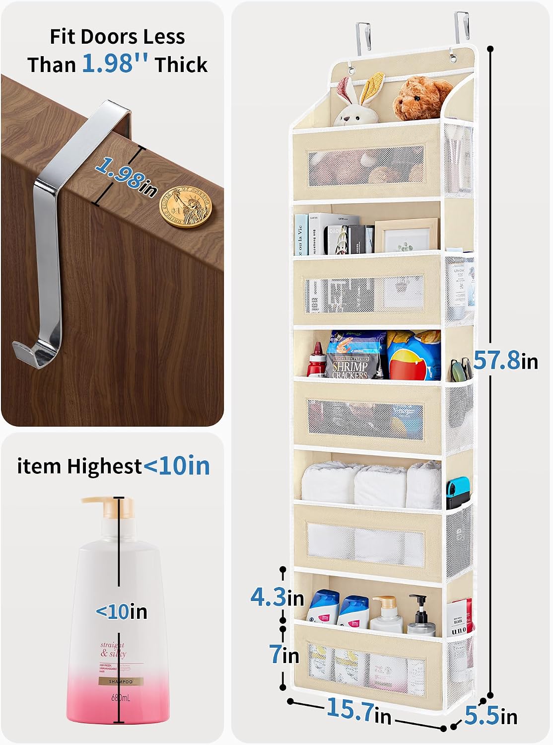 JARLINK Over the Door Organizer for Bedroom, Pantry Bathroom, 5 Shelf Beige