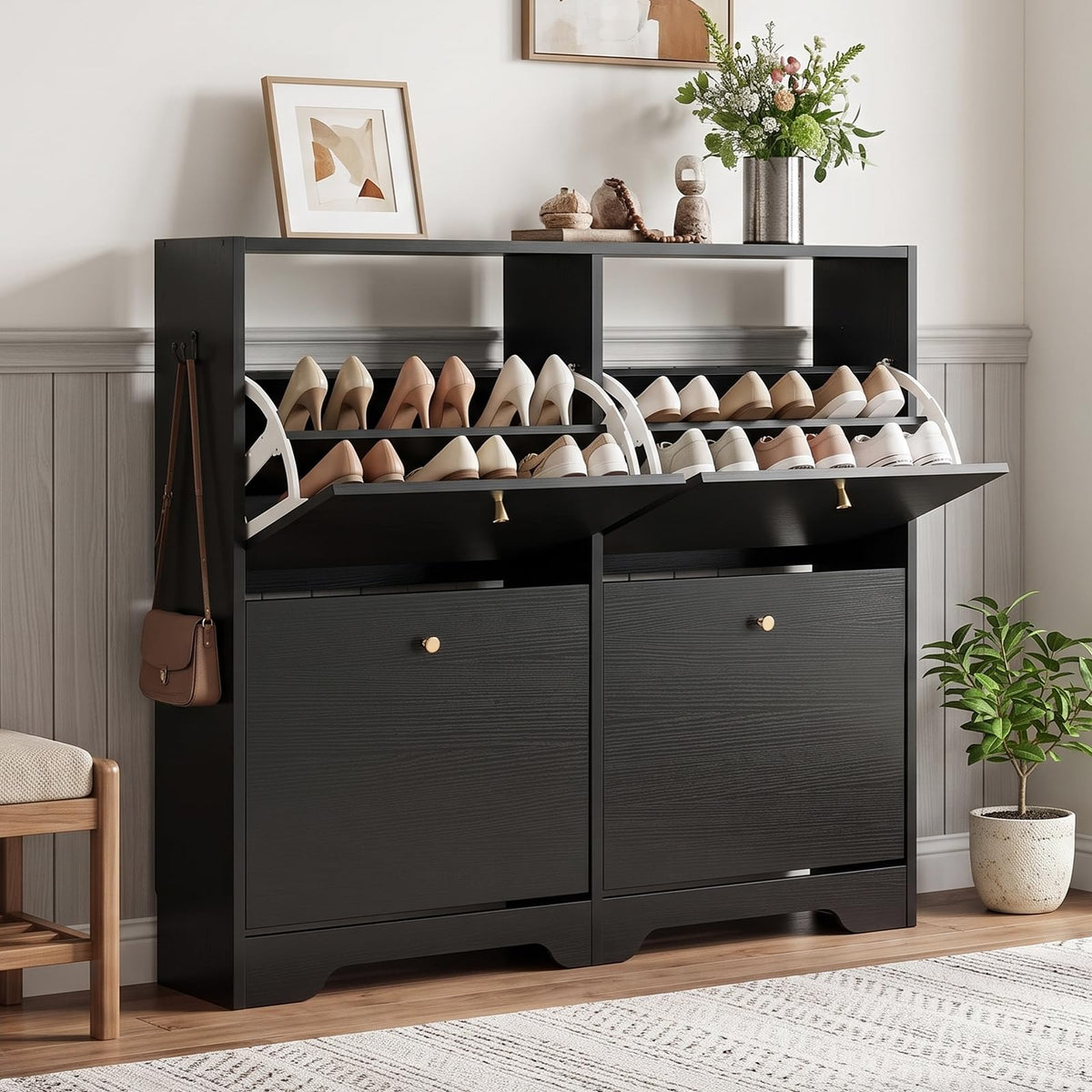 Nicetree Shoe Cabinet with 3 Flip Drawers, Modern Entryway Organizer, White