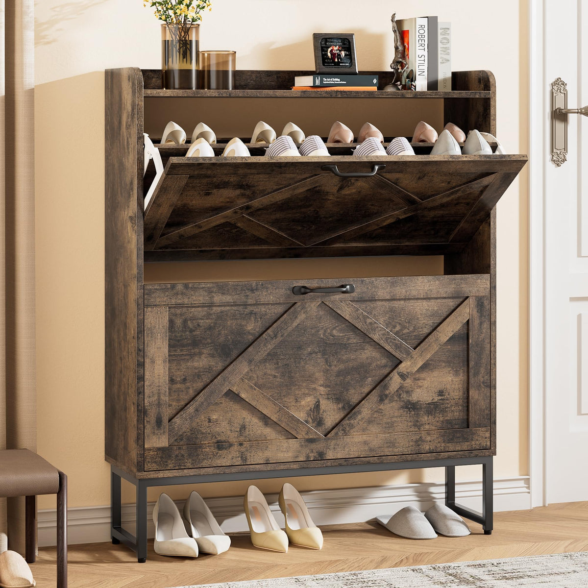 Nicetree Shoe Storage Cabinet with 2 Flip Drawers, Freestanding Wood Shoe Organizer with Metal Legs, Farmhouse Slim Shoe Rack for Entryway, Foyer, Hallway, Rustic Brown