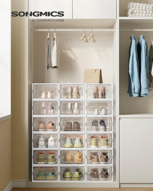 SONGMICS Stackable Shoe Boxes, Foldable, Ventilated Clear, Set of 18