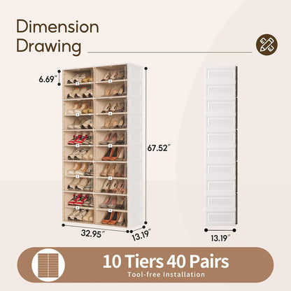 Shoe Rack, 40-Pair Foldable Shoe Storage Cabinet, Magnetic Doors