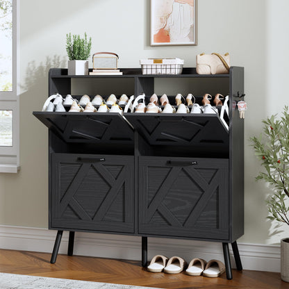 Nicetree Shoe Storage Cabinet with 2 Flip Drawers, Freestanding Wood Shoe Organizer with Metal Legs, Farmhouse Slim Shoe Rack for Entryway, Foyer, Hallway, Rustic Brown